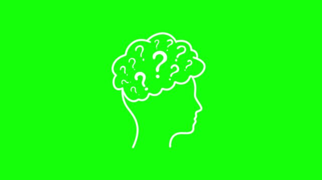 Doodle human profile with question marks inside brain on green screen, thinking concept animation. Confusion, decision-making, mental overload, searching for answers, curiosity, or psychological doubt