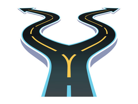 Winding road splitting into two opposite directions with arrow tips vector illustration
