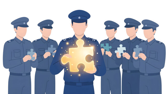 Dedicated police team holding puzzle pieces with leader holding glowing piece vector illustration symbol of law enforcement teamwork strategic leadership problem solving and justice concept