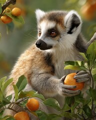 Fototapeta premium Ring-tailed lemur enjoying an orange in a lush tree.