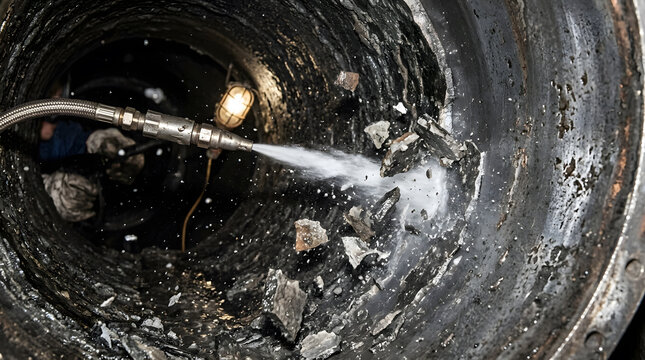 Professional Industrial Worker Using High-Pressure Water Jet for Hydro Blasting and Scaling Inside a Large Sewer Pipe Tunnel, Specialized Maintenance and Cleaning Services for Infrastructure