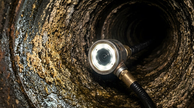 Industrial drain inspection camera system exploring a dark sewer pipe clogged with heavy limescale and fatberg buildup to identify plumbing blockages and ensure proper pipeline maintenance.