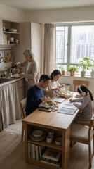 Fototapeta premium Family meal prep and learning together in a bright city apartment