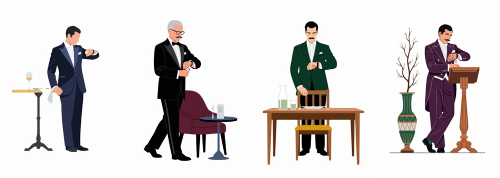 Collection of elegantly dressed men in formal attire checking their wristwatches in upscale settings, illustrating punctuality and a sophisticated lifestyle.