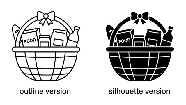 Food Basket Collection: A charming collection of food items neatly arranged within a woven basket, presented in both outline and silhouette versions for versatile design use.
