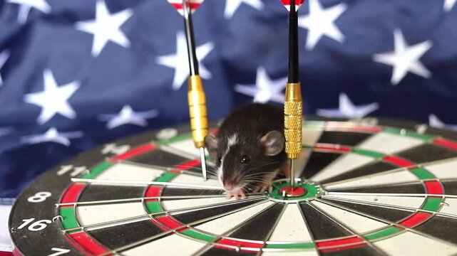Tiny black and white rat walks across a circular target board while standing between two metal darts in front of a blue and white American flag background