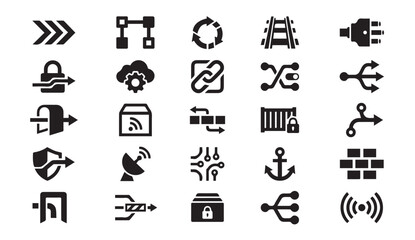 Fototapeta premium Flat black computing technology and data transfer icons collection with transfer