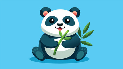 Cute cartoon panda bear eating bamboo branch with wildlife adorable character illustration friendly background environment conservation portrait cheerful creature herbivore © puza