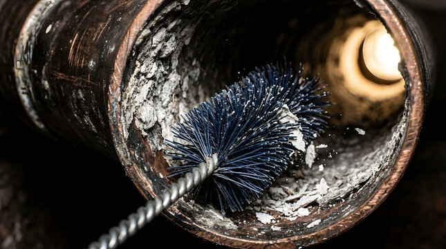 Close-up of a blue wire brush cleaning heavy limescale and mineral deposits inside a metal water pipe for plumbing maintenance, pipe restoration, and industrial descaling services at home.