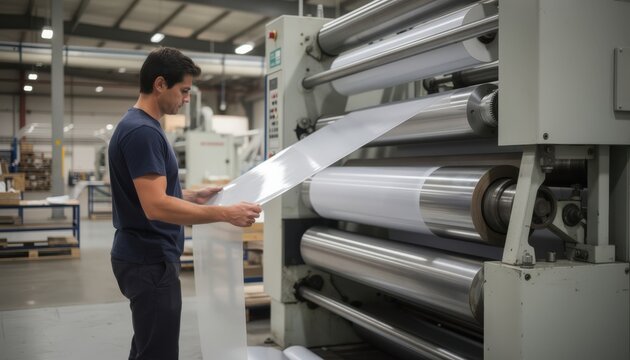 Operator carefully threading flexible film substrate through rollers on a flexographic press ensuring precise alignment and smooth feed during the printing process.
