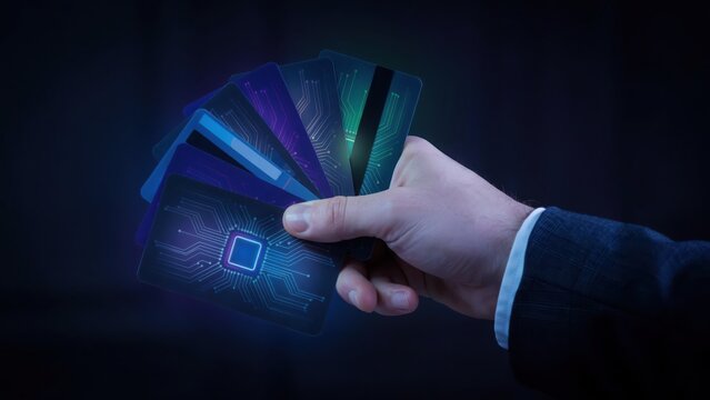 Hand holding many digital credit cards with electronic circuit chip designs in dark