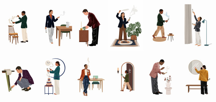 Collection of diverse people performing sage smudging rituals at home for energy cleansing and spiritual wellness, minimalist flat vector illustration set.