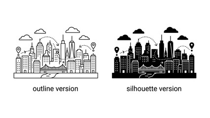 Cityscape Outline and Silhouette: A striking depiction of a cityscape, presented in both an outline and silhouette version, showcases a collection of modern buildings and cloud formations. © sifat