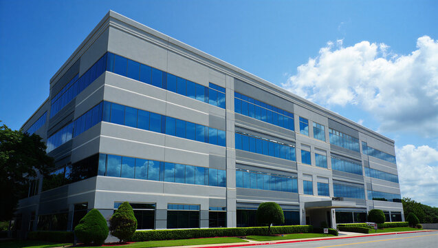 Modern corporate office building exterior with blue glass and landscaped grounds, real estate