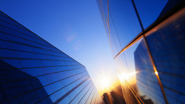 Abstract view of modern glass skyscrapers at sunset with skyscraper architecture building