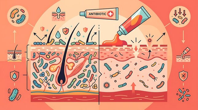 Medical skin anatomy showing bacterial infection and antibiotic treatment