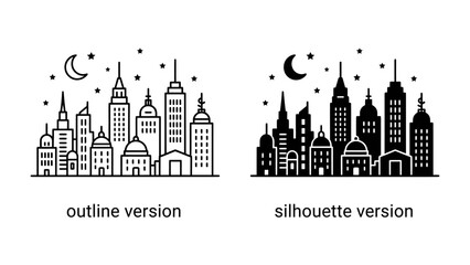 Urban Skyline Duo: A striking pair of city skyline illustrations, presented in both outline and silhouette styles, depicts a collection of diverse buildings under a crescent moon and starry night sky. © babuni