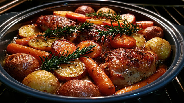 roasted chicken with carrots and potatoes in round casserole dish