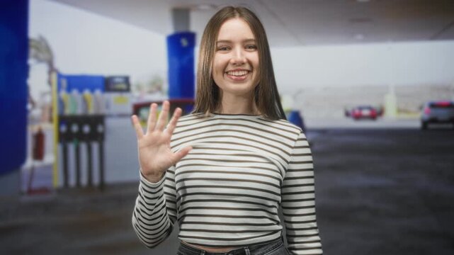 Woman waves right hand at camera beside fuel pump and parked car on street wearing striped top and jeans; welcoming greeting.