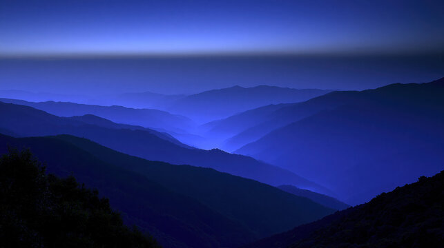 layered mountain silhouettes with valley mist after indigo sunset