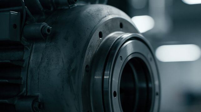 closeup industrial motor bearing housing with cool metal reflections