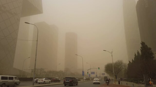 Beijing Central Business District in Severe Sandstorm Highlighting Climate and Air Pollution
