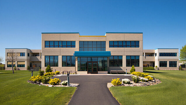 Low rise corporate office building exterior with landscaped frontage building exterior corporate