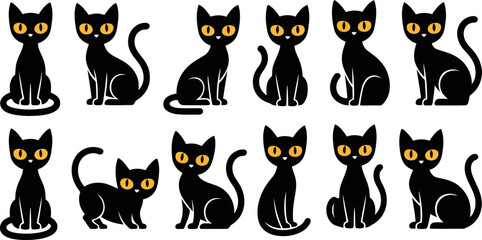 Black cats in various sitting poses with orange eyes on white background © SAYEDAJANNATUL