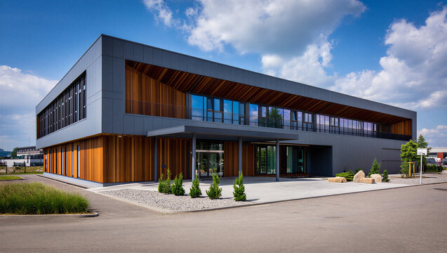Modern corporate building featuring sustainable wood paneling and glass low rise building