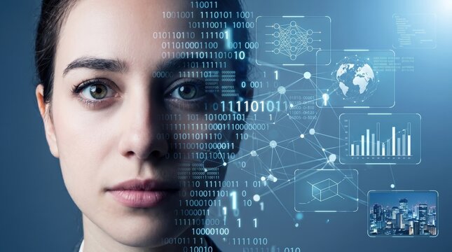 Woman face with digital binary code overlay, artificial intelligence and big data analytics concept featuring global network connections and statistical charts.