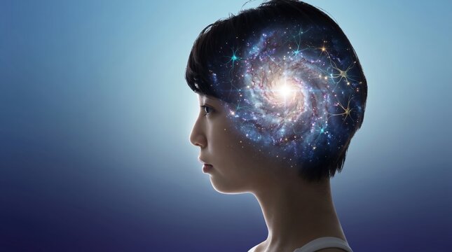 Human head silhouette filled with colorful galaxy stars and nebula, representing infinite imagination, creativity, and the vast potential of the human mind.