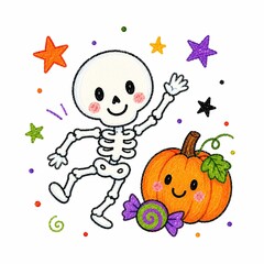 Naklejka premium A cheerful skeleton dances beside a smiling pumpkin, surrounded by colorful stars and candies, perfect for Halloween.