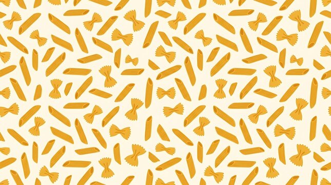 Seamless pattern of dry penne and farfalle pasta on beige background