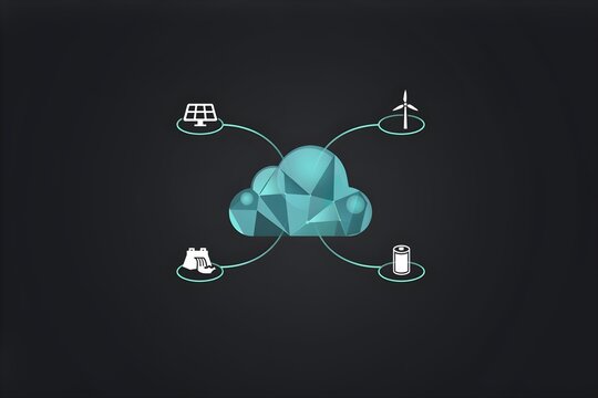 Conceptual 2D flat vector representing a virtual power plant VPP with decentralized renewable assets connected to a central holographic cloud database.