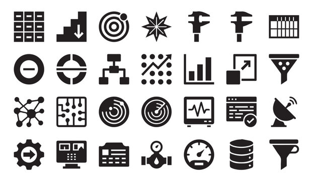 Industrial and technical data dashboard icon collection with technical, analysis