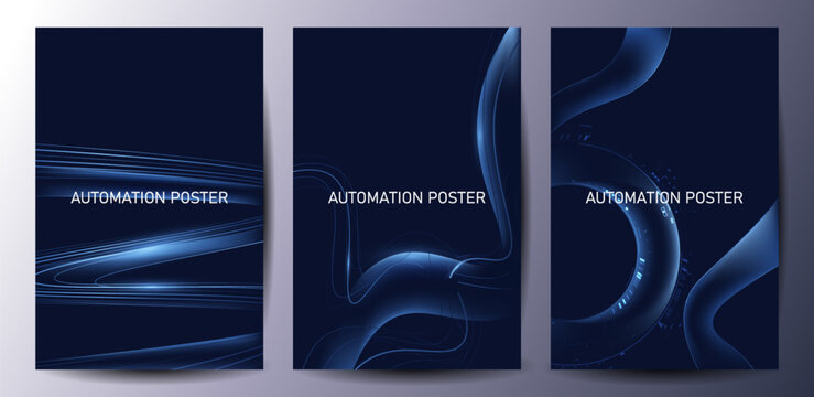 Abstract Dark Blue Technology Backgrounds with Futuristic Light Lines and 3D Curve Shapes for Automation Posters