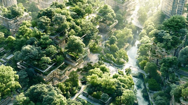 Planning aerial view of green urban neighborhood, parks integrated with buildings, sustainable city planning, mixed use development, realistic drone photography, 8k 