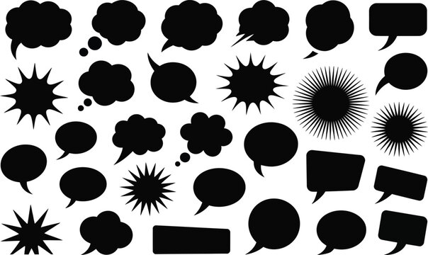 Collection of various black silhouette speech and thought bubbles with communication silhouette dialogue collection conversation expression isolated illustration thinking template