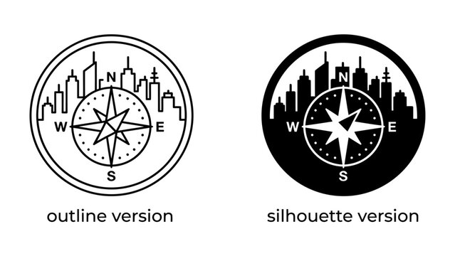 Urban Navigation: A graphic representation combining a compass rose with a city skyline, offering two distinct versions: an outline and a silhouette, symbolizing direction and urban exploration.
