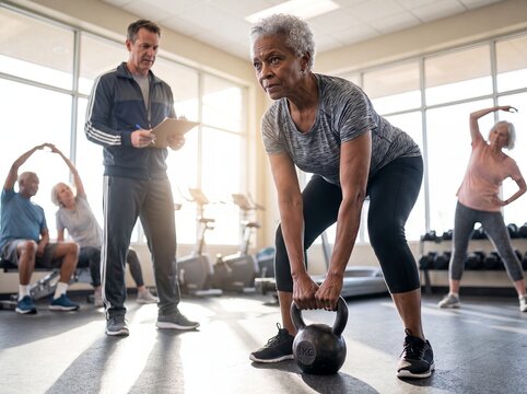 senior woman kettlebell training gym coach strength fitness workout retirement An athlete performs a deadlift in a supportive class showing power confidence and healthy aging for wellness campaigns