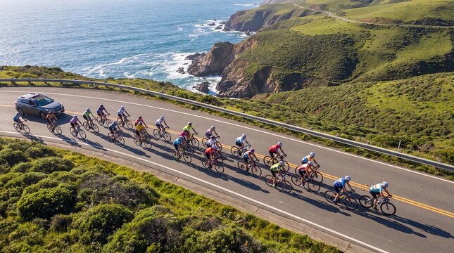 senior cycling group road bicycle coastal endurance teamwork retirement active older cyclists ride highway together showing fitness friendship and adventure for retirement travel and sports campaigns