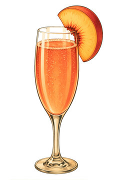 Vintage peach Bellini cocktail drink with fresh fruit slice isolated on transparent background