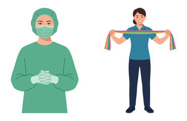 Obraz premium Healthcare Professional in Surgical Attire Alongside an Active Woman Stretching with a Colorful Resistance Band