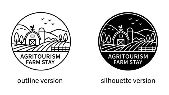 Agritourism Farm Stay Emblem: Two circular emblems represent agritourism farm stays, one as an outline and the other as a silhouette, depicting a rural farm scene with a barn, fields.