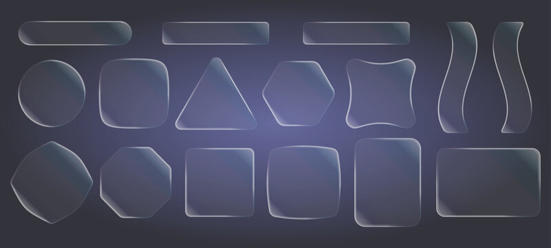 Vector illustration bundle of realistic glassmorphism plates with frosted glass reflection and glossy white highlights on dark transparent grid background