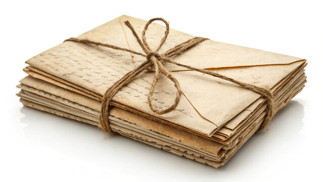 Stack of Vintage Letters Tied with String on White Background