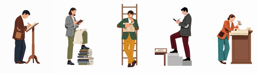 Obraz premium Flat illustration set of diverse researchers and scholars engaged in academic study, archival work, and information gathering on a white background.
