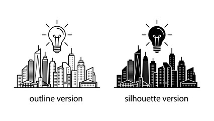 Cityscape of Ideas: A striking visual comparison of two cityscape representations, one in outline and the other as a silhouette, both illuminated by a bright idea bulb. © nila