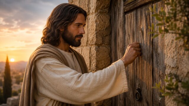 Jesus Christ knocking on an ancient wooden door at sunset, representing biblical imagery and invitation