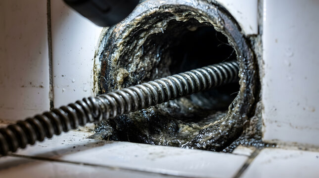 Close-up of a professional metal drain snake cleaning a clogged bathroom sewer pipe filled with thick grease, hair, and gunk; a concept of residential plumbing maintenance and repair services.